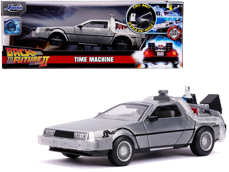 delorean brushed metal time machine with lights (flying version) "back to the future part ii" (1989) movie "hollywood rides" series 1/24 diecast model car by jada delorean brushed metal time machine with lights (flying version) "back to the future part ii" (1989) movie "hollywood rides" series 1/24 diecast model car by jada