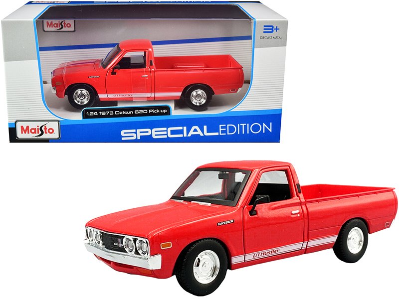 1973 datsun 620 pickup truck "li'l hustler" red with white stripes "special edition" series 1/24 diecast model car by maisto 1973 datsun 620 pickup truck "li'l hustler" red with white stripes "special edition" series 1/24 diecast model car by maisto