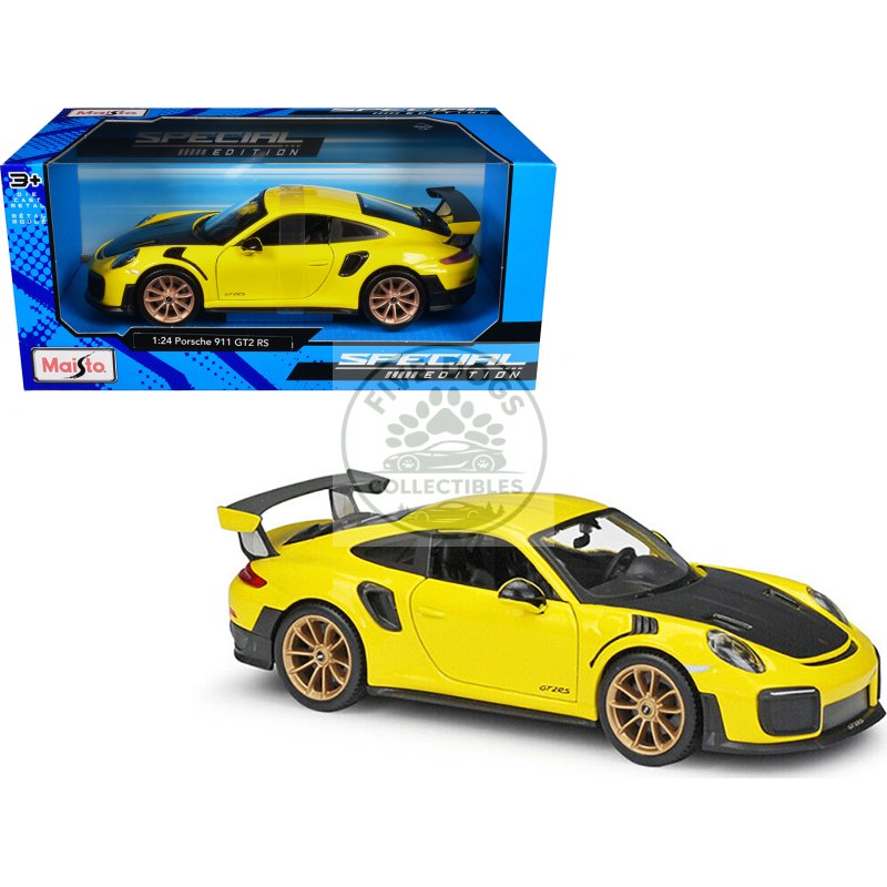 porsche 911 gt2 rs yellow with carbon hood and gold wheels "special edition" 1/24 diecast model car by maisto
