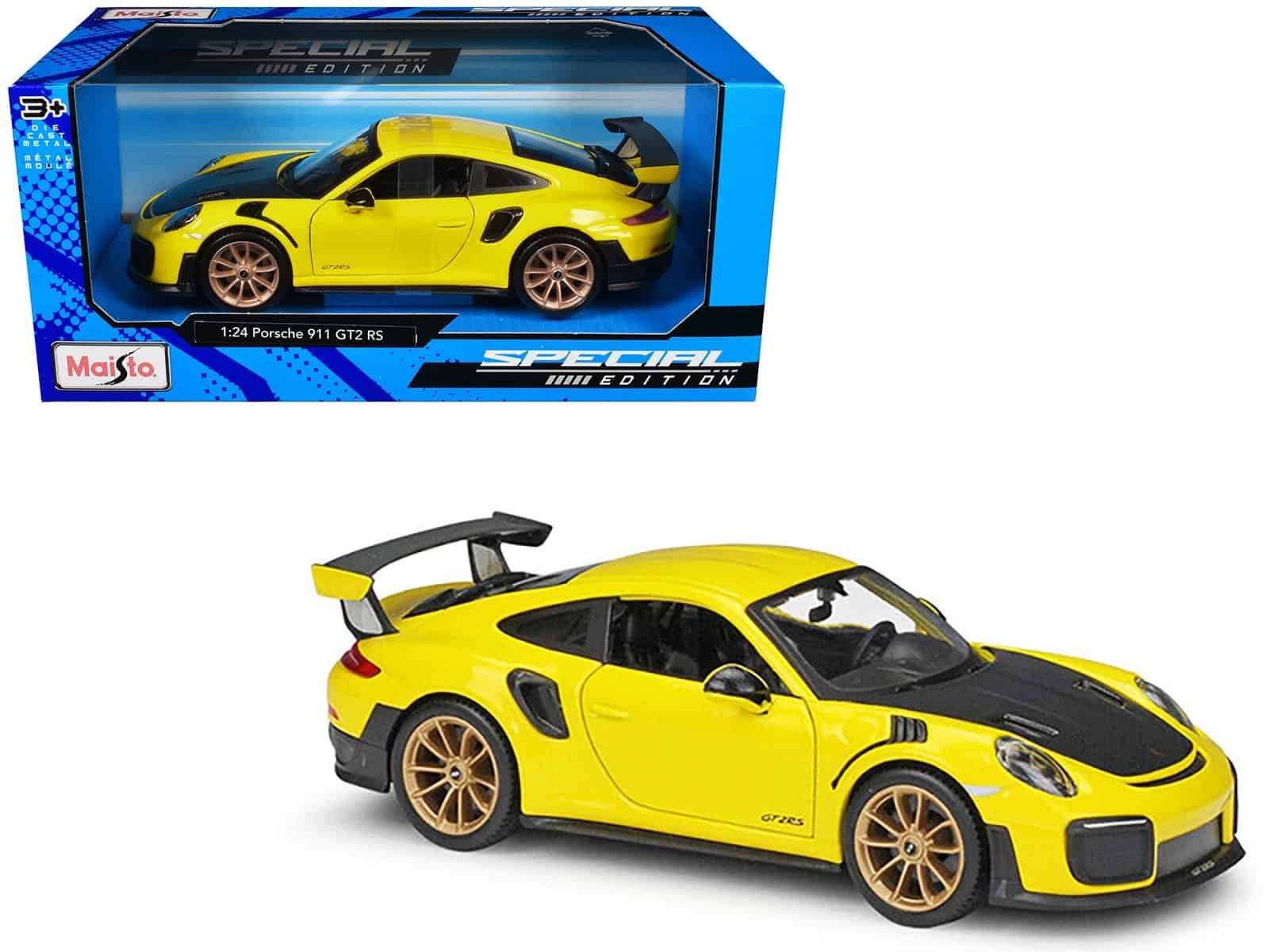 Porsche 911 GT2 RS Diecast Model Diecast model of a yellow Porsche 911 GT2 RS with black accents and gold wheels.