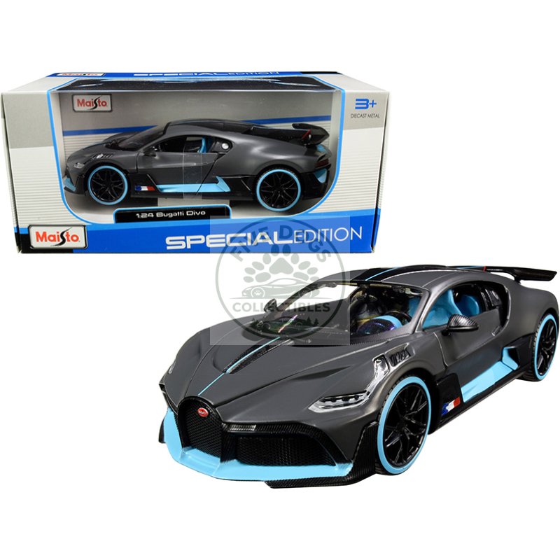 bugatti divo satin charcoal gray with carbon and blue accents "special edition" 1/24 diecast model car by maisto
