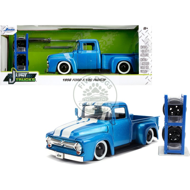 1956 ford f 100 pickup truck blue metallic with white stripes and extra wheels "just trucks" series 1/24 diecast model car by jada