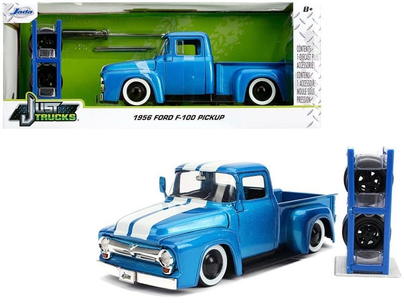 Vintage Blue Ford F-100 Pickup Truck Diecast Model Detailed blue Ford F-100 pickup truck diecast toy with white racing stripes, authentic design, and r.
