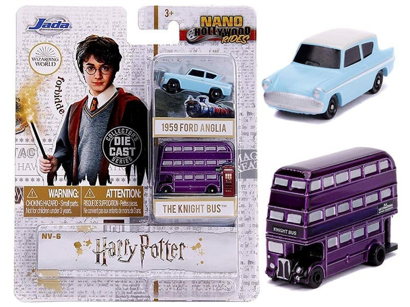 Harry Potter 1959 Ford Anglia Die-Cast Model Set Harry Potter 1959 Ford Anglia die-cast toy car with purple double-decker bus and light blue car.