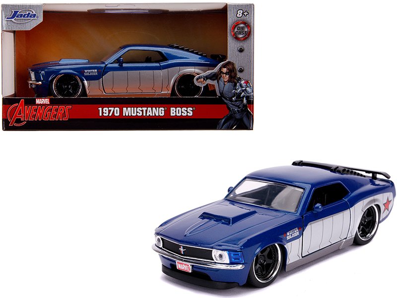 1970 ford mustang boss blue metallic and silver "winter soldier" "avengers" "marvel" series 1/32 diecast model car by jada 1970 ford mustang boss blue metallic and silver "winter soldier" "avengers" "marvel" series 1/32 diecast model car by jada
