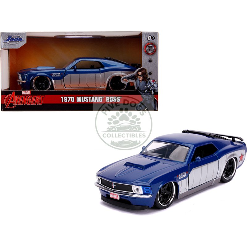 1970 ford mustang boss blue metallic and silver "winter soldier" "avengers" "marvel" series 1/32 diecast model car by jada
