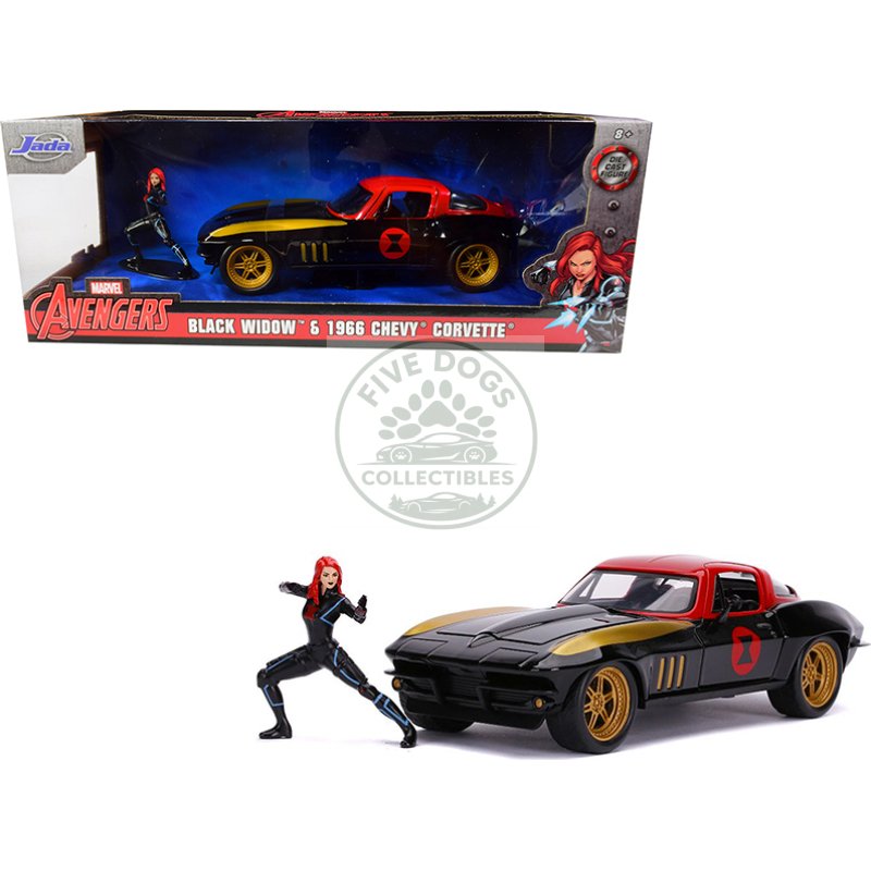 1966 chevrolet corvette with black widow diecast figurine "avengers" "marvel" series 1/24 diecast model car by jada