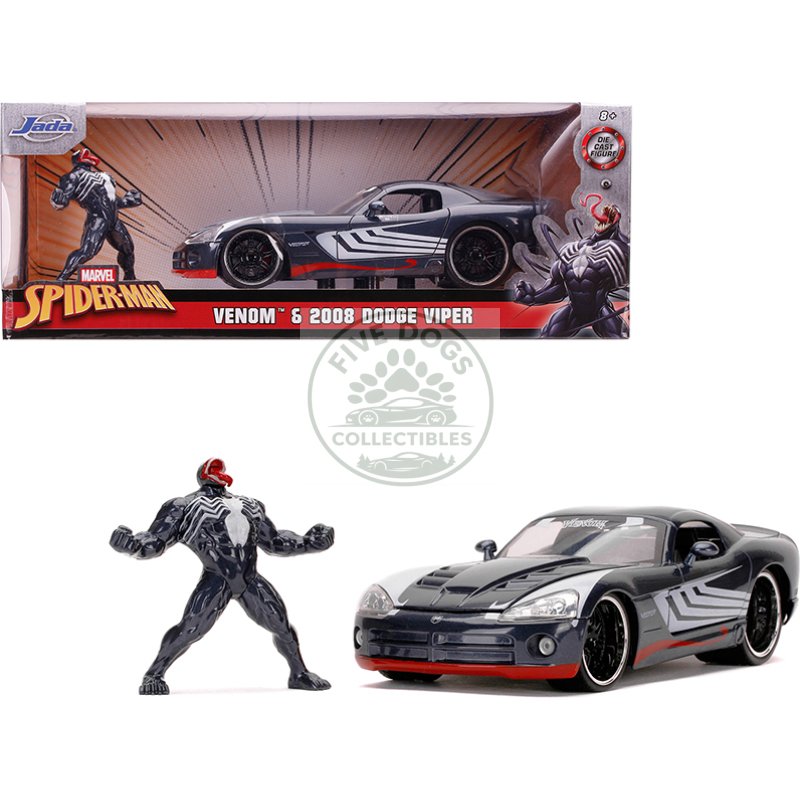 2008 dodge viper srt10 dark gray with venom diecast figurine "spider man" "marvel" series 1/24 diecast model car by jada