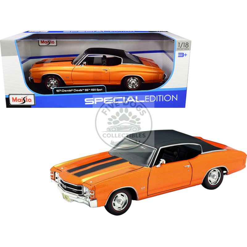 1971 chevrolet chevelle ss 454 sport orange metallic with black top and black stripes 1/18 diecast model car by maisto