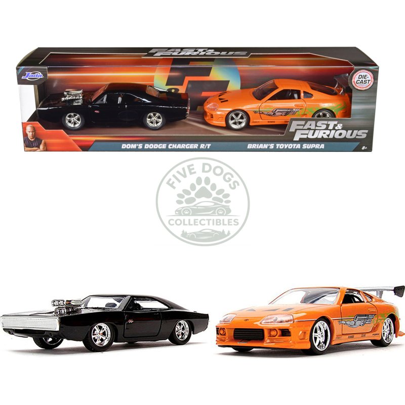 dom's dodge charger r/t black and brian's toyota supra orange set of 2 pieces "fast & furious" series 1/32 diecast model cars by jada