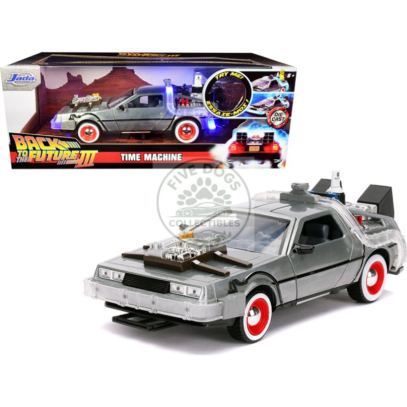 delorean brushed metal time machine with lights "back to the future part iii" (1990) movie "hollywood rides" series 1/24 diecast model car by jada