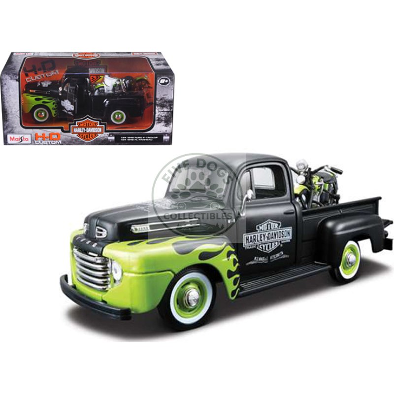 1948 ford f 1 pickup truck "harley davidson" with 1948 harley davidson fl panhead motorcycle black and green 1/24 diecast models by maisto