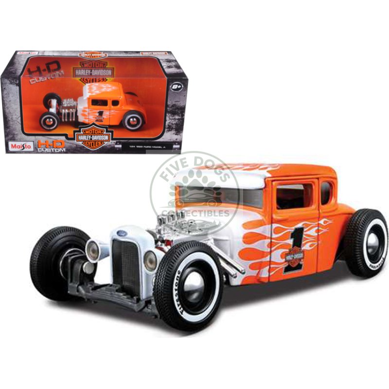 1929 ford model a #1 "harley davidson" orange with white flames 1/24 diecast model car by maisto