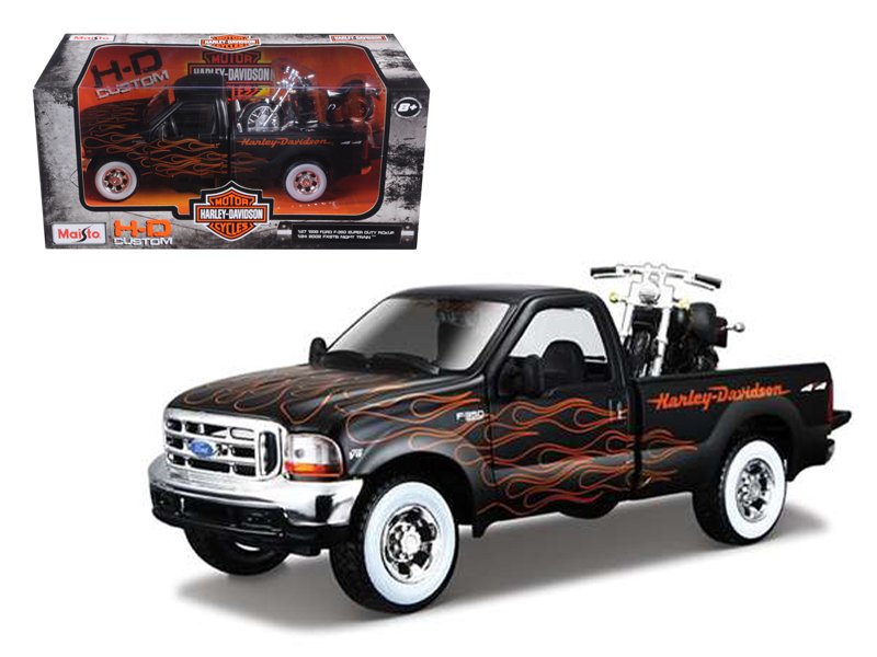 1999 ford f 350 super duty pickup black with flames 1/27 & 2002 harley davidson flstb motorcycle night train 1/24 diecast models by maisto 1999 ford f 350 super duty pickup black with flames 1/27 & 2002 harley davidson flstb motorcycle night train 1/24 diecast models by maisto