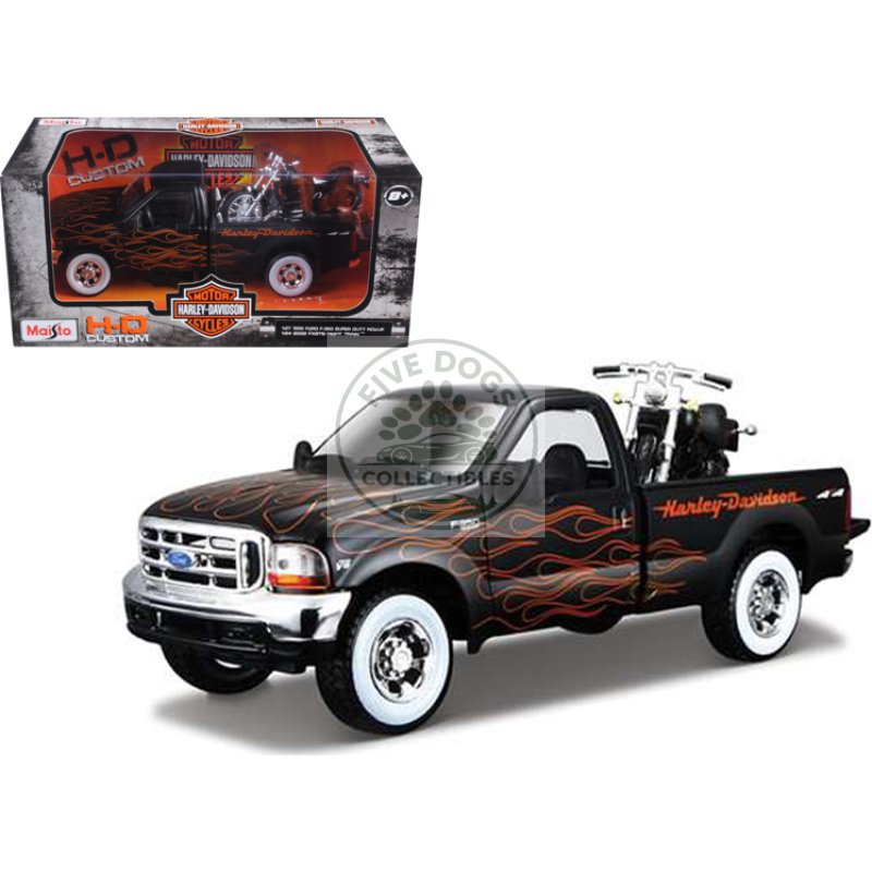 1999 ford f 350 super duty pickup black with flames 1/27 & 2002 harley davidson flstb motorcycle night train 1/24 diecast models by maisto