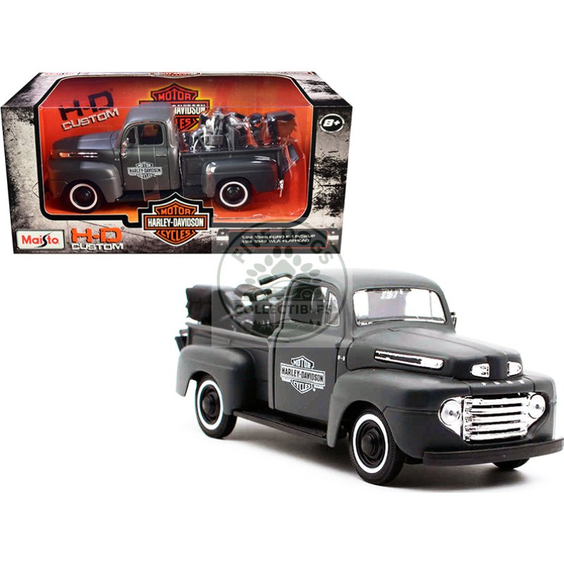 1948 ford f 1 pickup truck and 1942 harley davidson wla flathead motorcycle matt dark gray "harley davidson custom" 1/24 diecast models by maisto