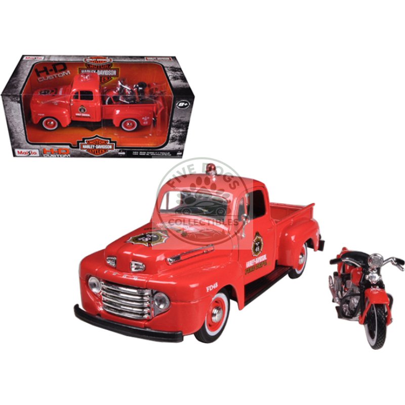 1948 ford f 1 pickup truck "harley davidson" fire truck and 1936 el knucklehead motorcycle 1/24 diecast models by maisto