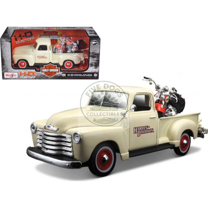 1950 chevrolet 3100 pickup truck cream 1/25 and 2001 flsts heritage springer motorcycle orange 1/24 "harley davidson custom" series diecast models by maisto