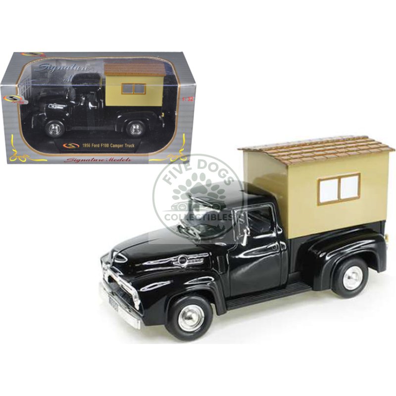 1956 ford f 100 pickup truck black with camper 1/32 diecast model car by signature models