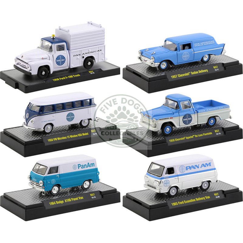 "auto trucks" set of 6 pieces release 57 "pan american world airways" (pan am) in display cases 1/64 diecast model cars by m2 machines