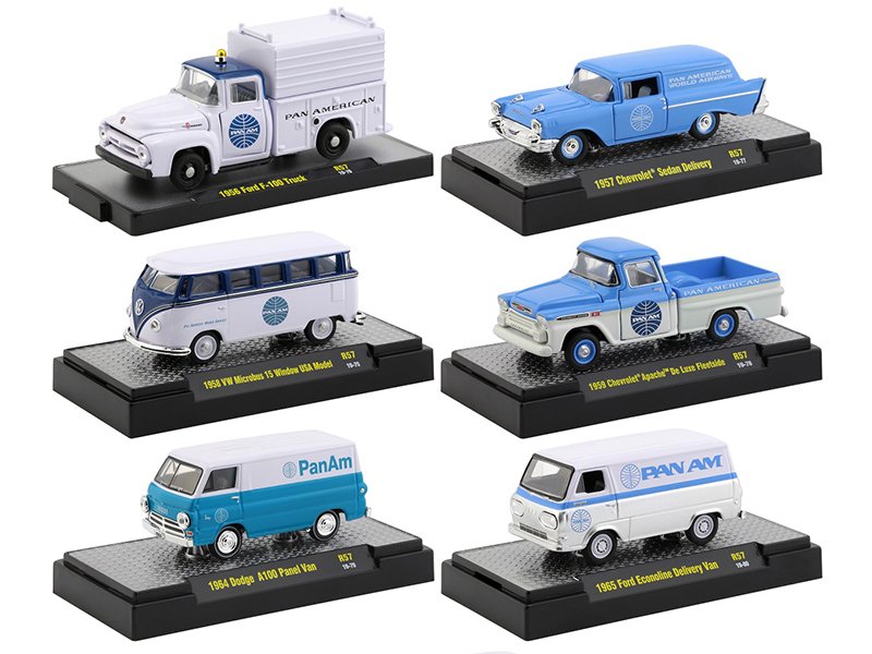 "auto trucks" set of 6 pieces release 57 "pan american world airways" (pan am) in display cases 1/64 diecast model cars by m2 machines "auto trucks" set of 6 pieces release 57 "pan american world airways" (pan am) in display cases 1/64 diecast model cars by m2 machines