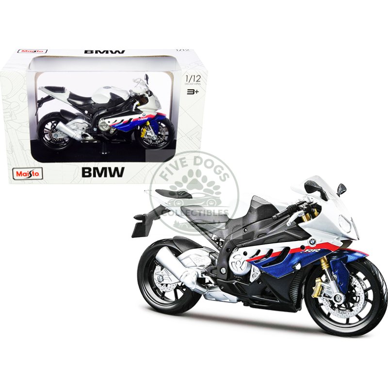 bmw s 1000 rr white with blue and red stripes with plastic display stand 1/12 diecast motorcycle model by maisto