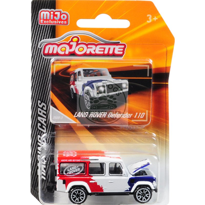 land rover defender 110 white/red/blue "above and beyond" "racing cars" 1/60 diecast model car by majorette