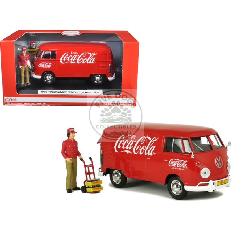 1963 volkswagen type 2 (t1) "coca cola" cargo van with delivery driver figurine with handcart and two bottle cases 1/24 diecast model car by motorcity classics