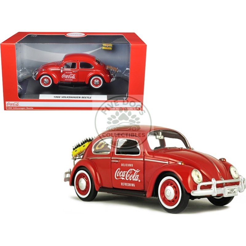 1966 volkswagen beetle with rear luggage rack red with two bottle cases "coca cola" 1/24 diecast model car by motorcity classics