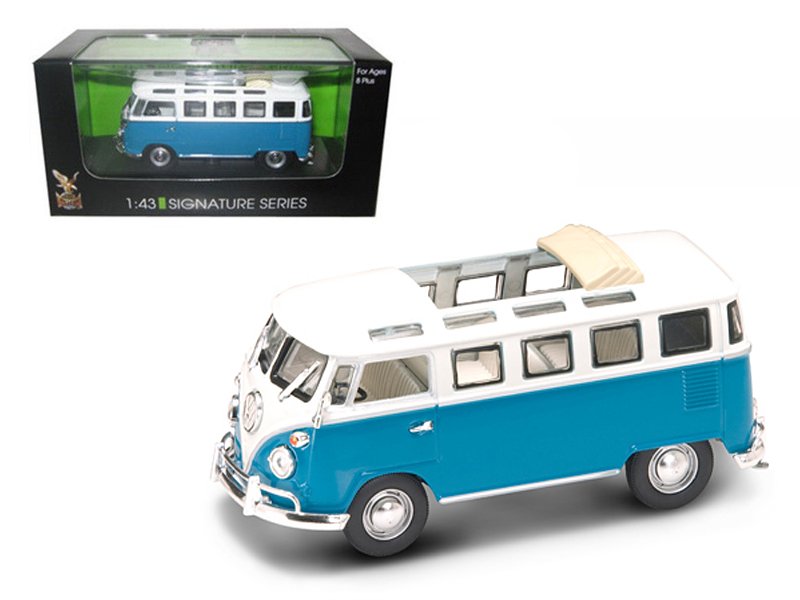 1962 volkswagen microbus van bus blue with open roof 1/43 diecast car by road signature 1962 volkswagen microbus van bus blue with open roof 1/43 diecast car by road signature