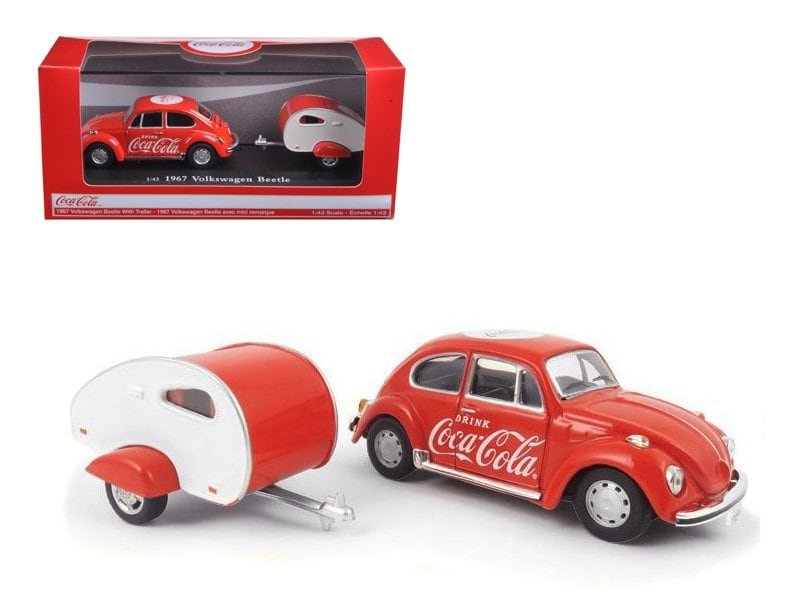 1967 volkswagen beetle red with teardrop travel trailer red and white "coca cola" 1/43 diecast model car by motorcity classics 1967 volkswagen beetle red with teardrop travel trailer red and white "coca cola" 1/43 diecast model car by motorcity classics