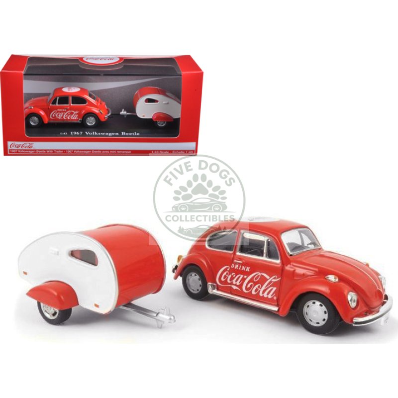 1967 volkswagen beetle red with teardrop travel trailer red and white "coca cola" 1/43 diecast model car by motorcity classics