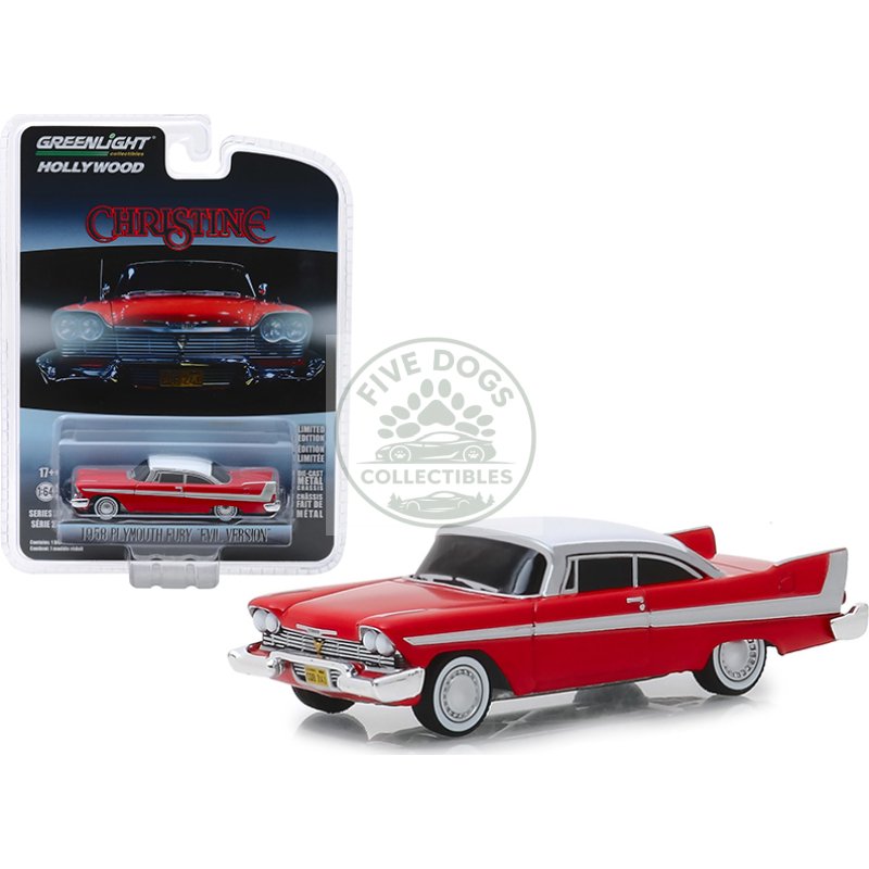 1958 plymouth fury red with white top "evil version" (blacked out windows) "christine" (1983) movie "hollywood series" release 24 1/64 diecast model car by greenlight