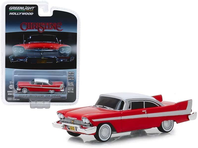 1958 plymouth fury red with white top "evil version" (blacked out windows) "christine" (1983) movie "hollywood series" release 24 1/64 diecast model car by greenlight 1958 plymouth fury red with white top "evil version" (blacked out windows) "christine" (1983) movie "hollywood series" release 24 1/64 diecast model car by greenlight
