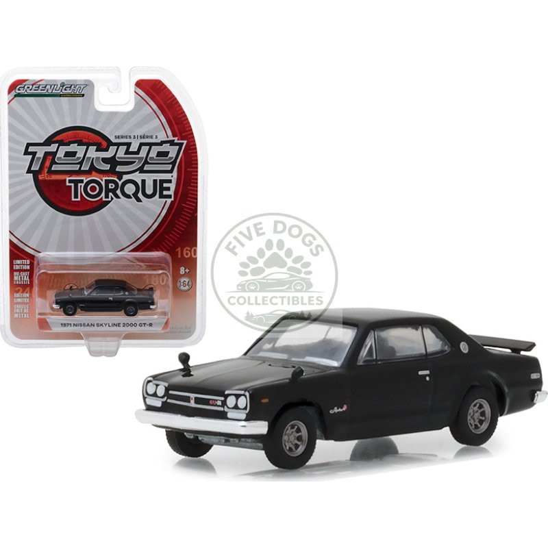 1971 nissan skyline 2000 gt r black "tokyo torque" series 3 1/64 diecast model car by greenlight