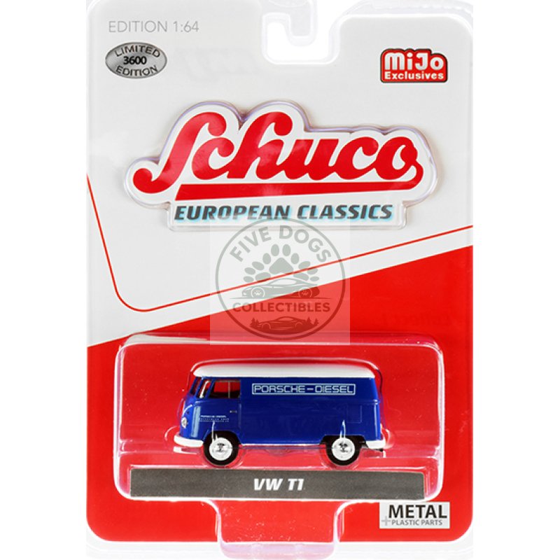 volkswagen t1 panel bus "porsche diesel" blue with white top "european classics" series limited edition to 3600 pieces worldwide 1/64 diecast model by schuco