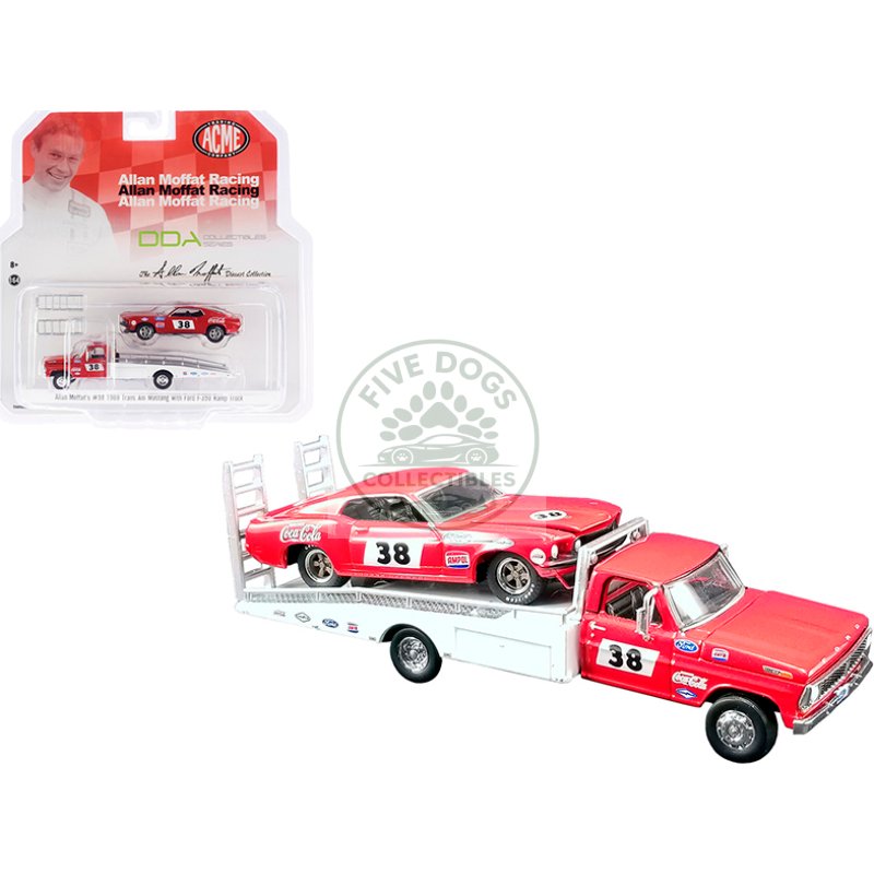 ford f 350 ramp truck #38 red and white with 1969 ford mustang trans am #38 red "coca cola" allan moffat racing "dda collectibles" series "acme exclusive" 1/64 diecast model cars by greenlight for acme