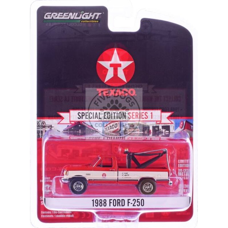 41165d 1988 ford f 250 tow truck "texaco" "texaco special edition" series 1 1/64 diecast model car by greenlight red and white