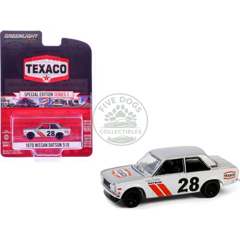 1970 nissan datsun 510 #28 "texaco" silver metallic and white with red stripes "texaco special edition" series 1 1/64 diecast model car by greenlight