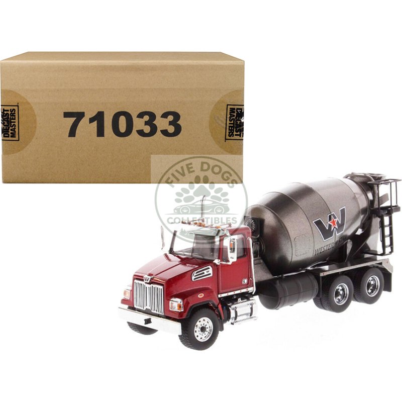 western star 4700 sf concrete mixer truck metallic red with gray body 1/50 diecast model by diecast masters