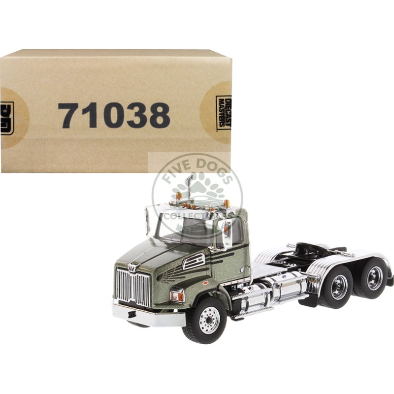 western star 4700 sb tandem day cab tractor metallic olive green 1/50 diecast model by diecast masters