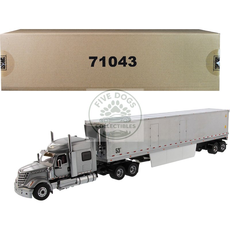 international lonestar sleeper cab silver with 53' reefer refrigerated chrome plated van trailer "transport series" 1/50 diecast model by diecast masters