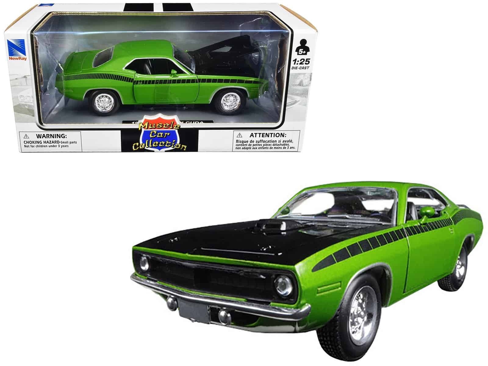1970 plymouth barracuda green with black hood and stripes "muscle car collection" 1/25 diecast model car by new ray 1970 plymouth barracuda green with black hood and stripes "muscle car collection" 1/25 diecast model car by new ray