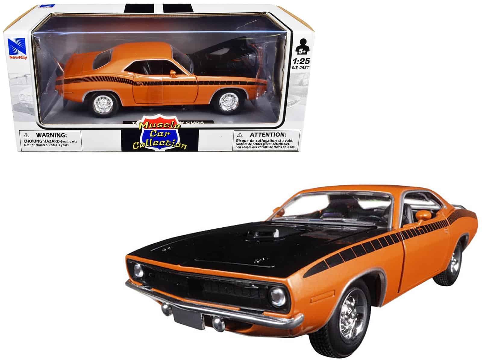 1970 plymouth cuda orange with black hood and stripes 1/25 diecast model car by new ray 1970 plymouth cuda orange with black hood and stripes 1/25 diecast model car by new ray