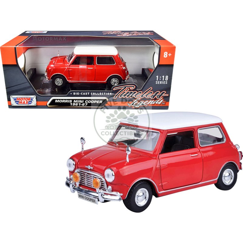 1961 1967 morris mini cooper red with white top "timeless legends" 1/18 diecast model car by motormax