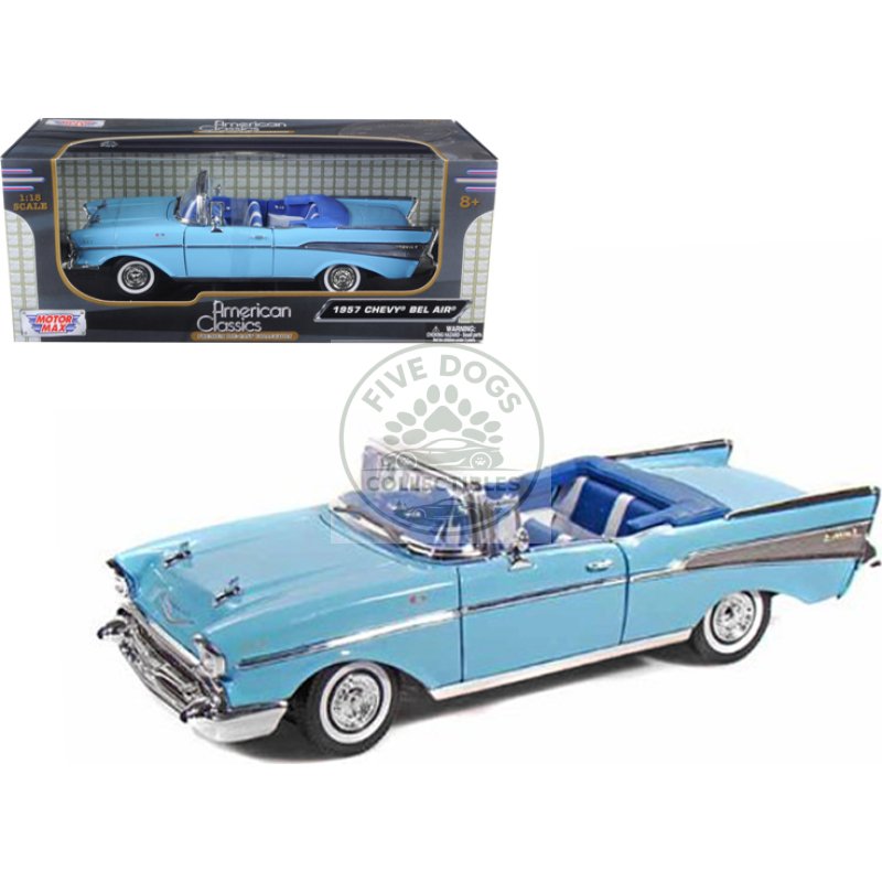 1957 chevrolet bel air convertible light blue with blue interior 1/18 diecast model car by motormax