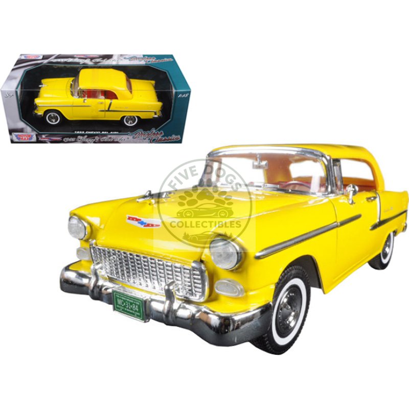 1955 chevrolet bel air convertible soft top yellow "timeless classics" 1/18 diecast model car by motormax