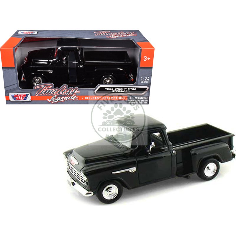 1955 chevrolet 5100 stepside pickup truck black 1/24 diecast car model by motormax
