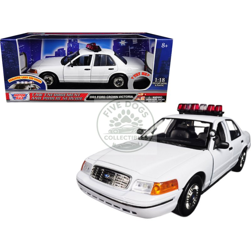 2001 ford crown victoria police car plain white with flashing light bar and front and rear lights and sounds 1/18 diecast model car by motormax