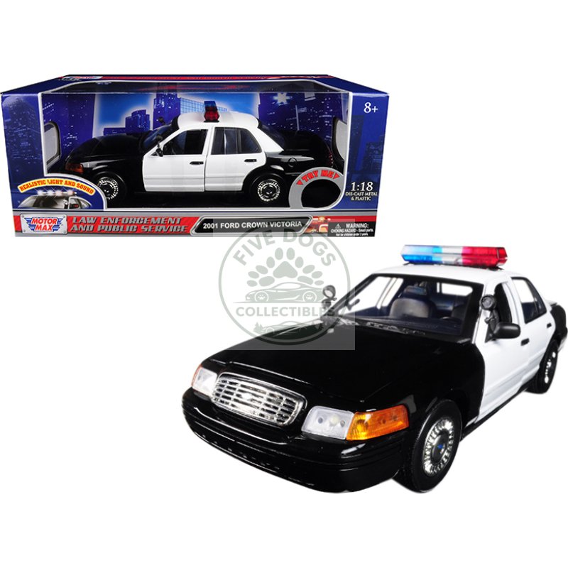 2001 ford crown victoria police car plain black & white with flashing light bar & front and rear lights and sound 1/18 diecast model car by motormax